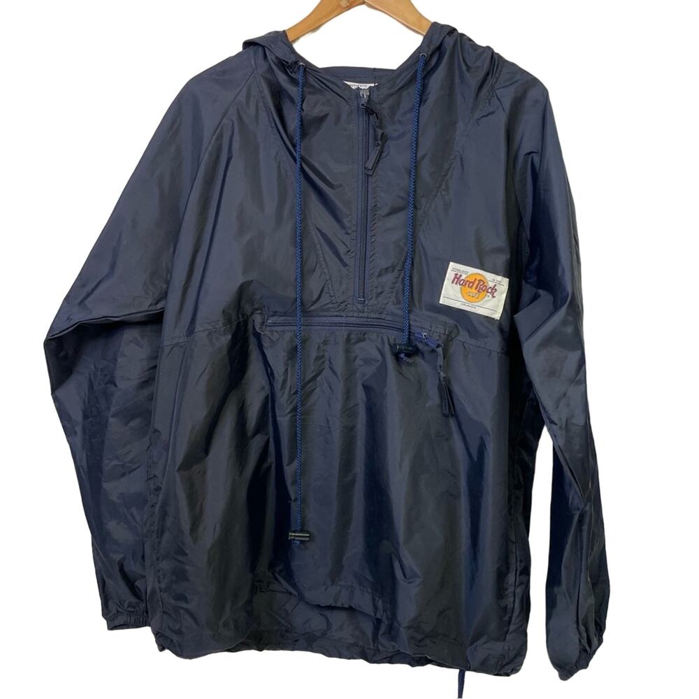 Hard Rock Cafe Jacket Blue Vintage Rain Pancho In A Bag Large Hooded Pullover